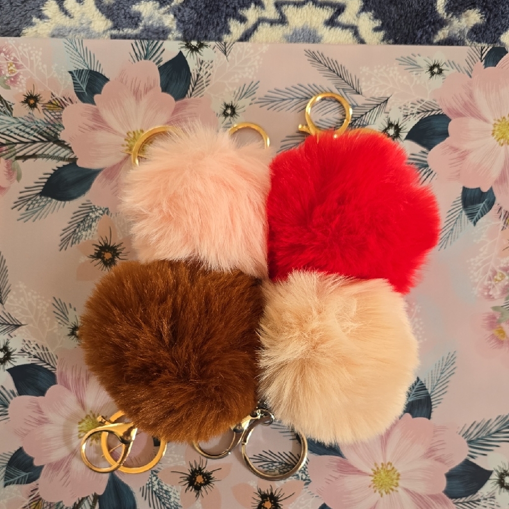 Faux Fur Pom Pom Keychain Set - Red, Pink, Brown, Cream